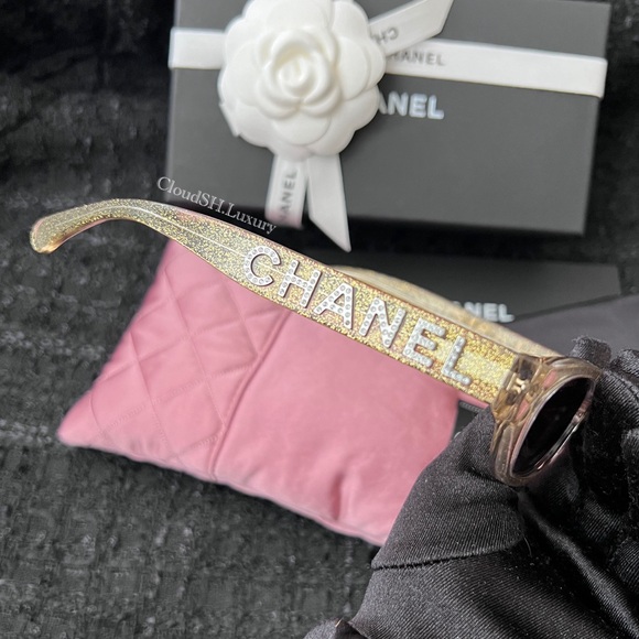 Auth NIB Chanel 71280 Crystal Logo Gold Glitter Rectangle Sunglasses - Picture 4 of 13